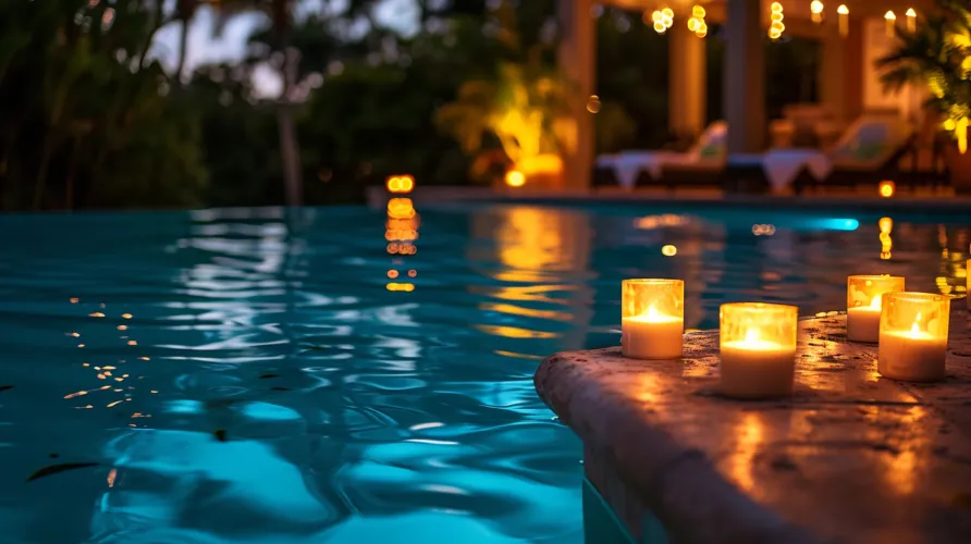 Candles floating by the pool at a night party