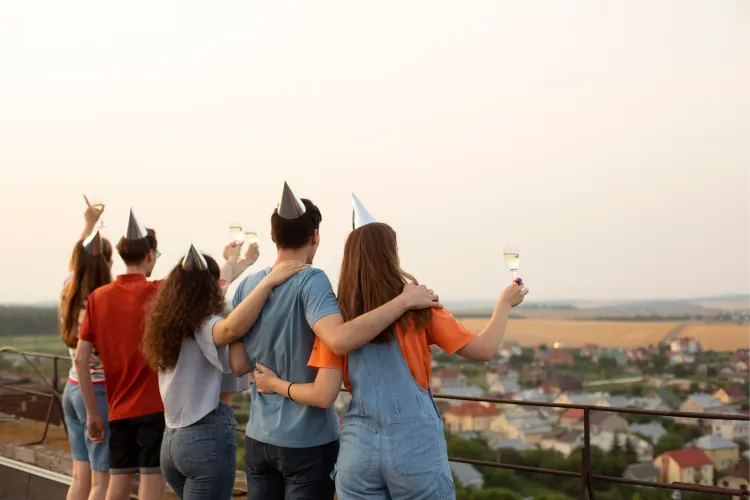 Friends in party hats toasting outdoors at sunset